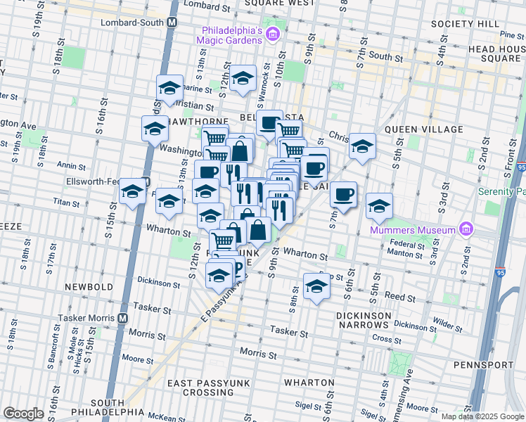 map of restaurants, bars, coffee shops, grocery stores, and more near 934 Annin Street in Philadelphia