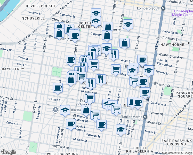 map of restaurants, bars, coffee shops, grocery stores, and more near 1321 South Opal Street in Philadelphia