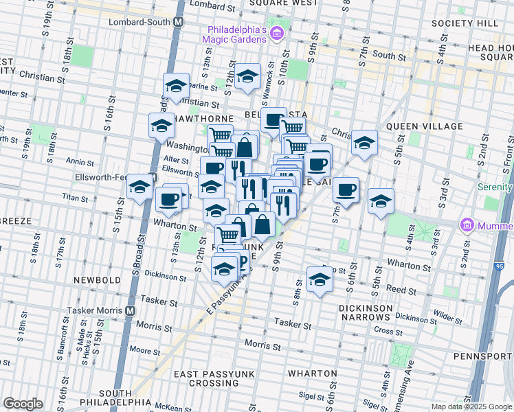 map of restaurants, bars, coffee shops, grocery stores, and more near 1176 South 10th Street in Philadelphia