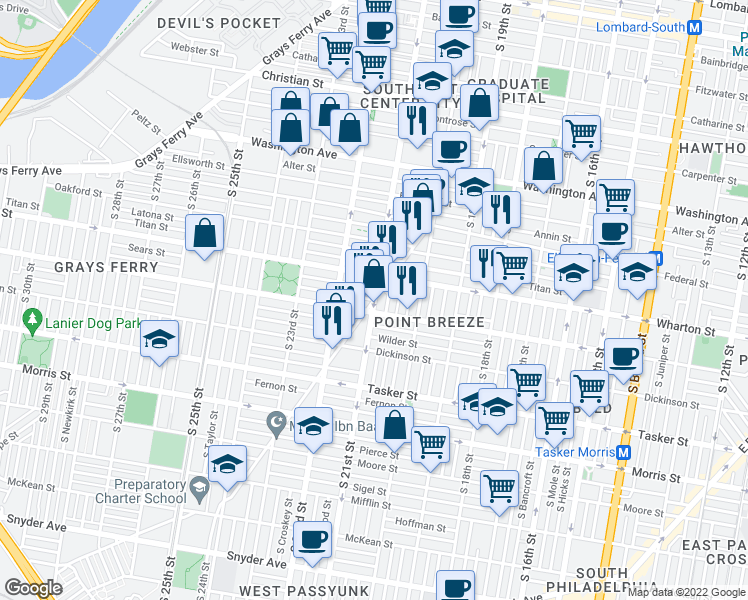 map of restaurants, bars, coffee shops, grocery stores, and more near S 21st St & Earp St in Philadelphia