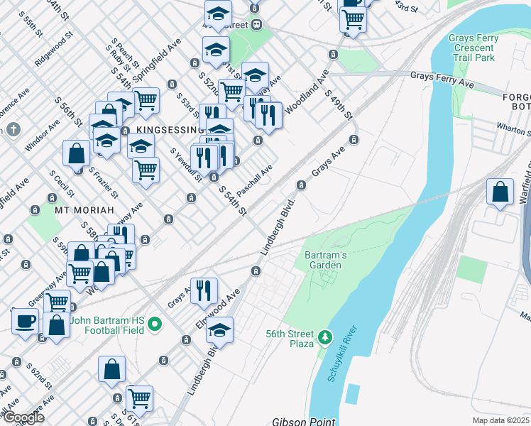 map of restaurants, bars, coffee shops, grocery stores, and more near 5329 Grays Avenue in Philadelphia