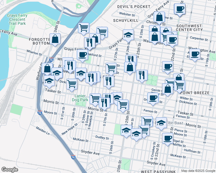 map of restaurants, bars, coffee shops, grocery stores, and more near 1443 South Etting Street in Philadelphia