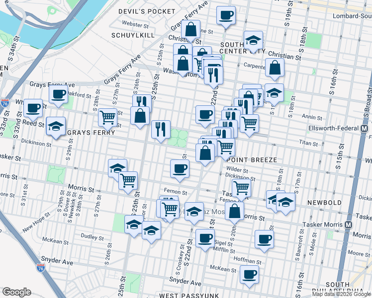 map of restaurants, bars, coffee shops, grocery stores, and more near Reed St & S 23rd St in Philadelphia