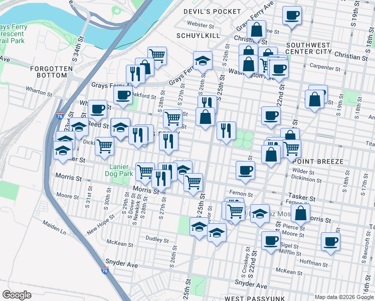 map of restaurants, bars, coffee shops, grocery stores, and more near 2600 Wilder Street in Philadelphia