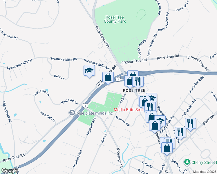 map of restaurants, bars, coffee shops, grocery stores, and more near 1400 North Providence Road in Media