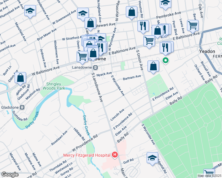 map of restaurants, bars, coffee shops, grocery stores, and more near 33 Linden Avenue in Lansdowne