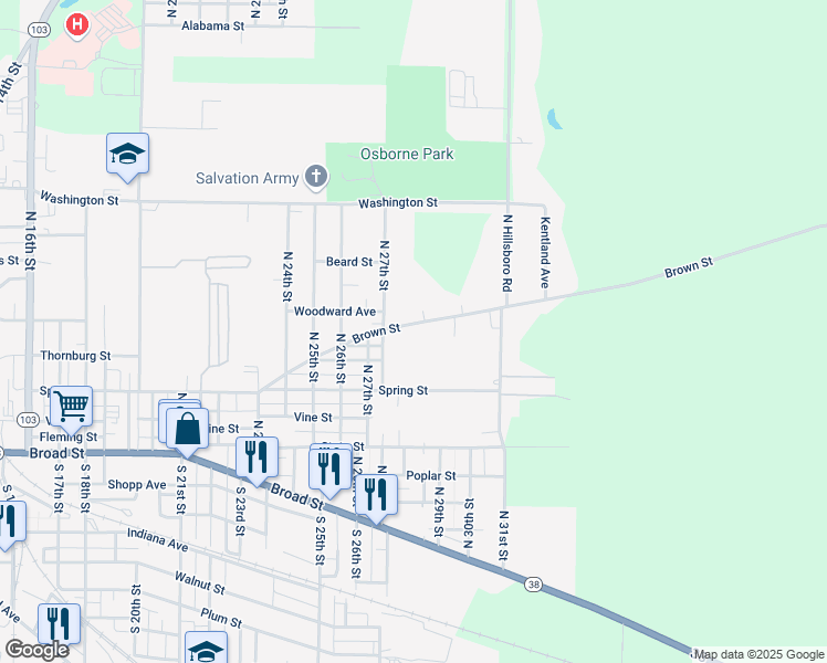 map of restaurants, bars, coffee shops, grocery stores, and more near 2719 Brown Street in New Castle