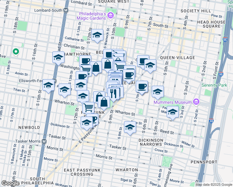map of restaurants, bars, coffee shops, grocery stores, and more near 1166 South 9th Street in Philadelphia