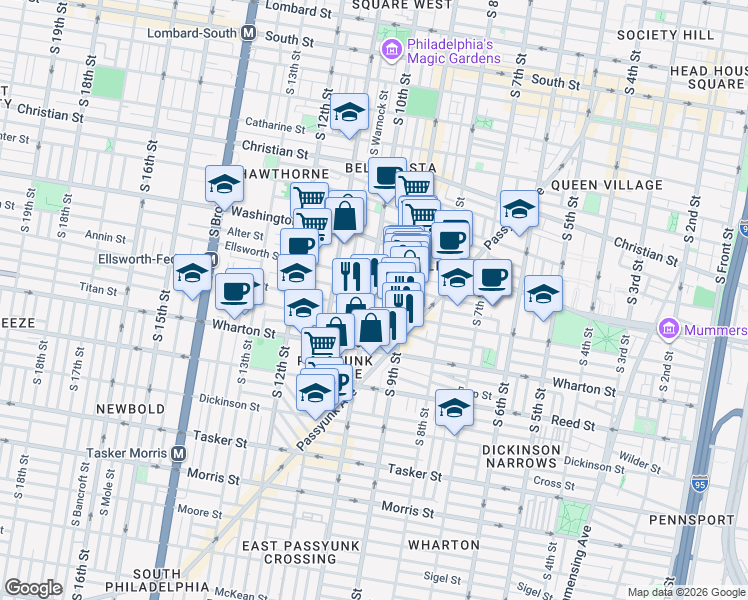 map of restaurants, bars, coffee shops, grocery stores, and more near 1200 South 10th Street in Philadelphia