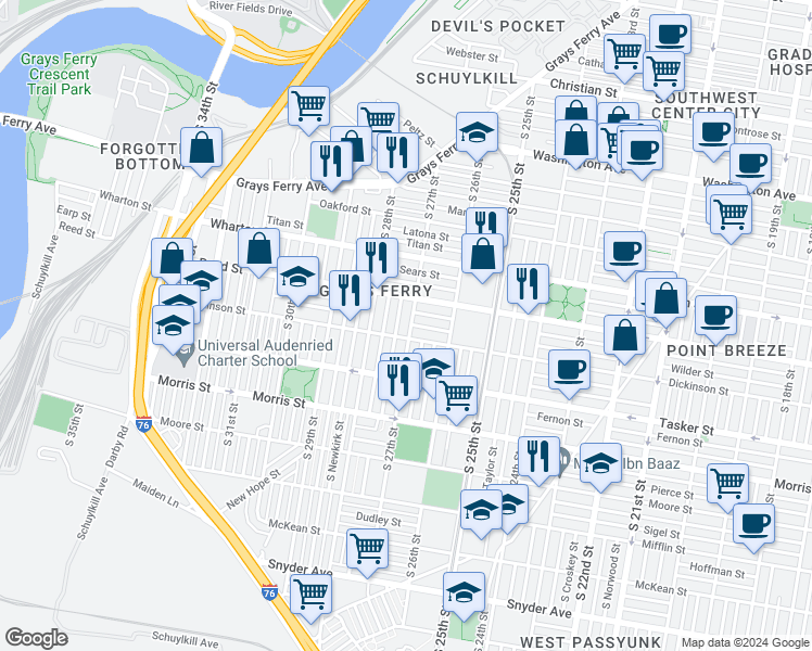 map of restaurants, bars, coffee shops, grocery stores, and more near 1440 South 27th Street in Philadelphia
