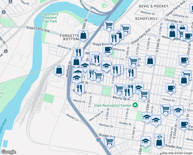 map of restaurants, bars, coffee shops, grocery stores, and more near 1526 South Corlies Street in Philadelphia