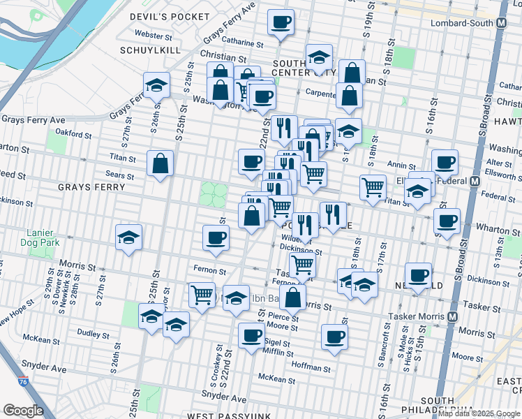 map of restaurants, bars, coffee shops, grocery stores, and more near 2124 Earp Street in Philadelphia