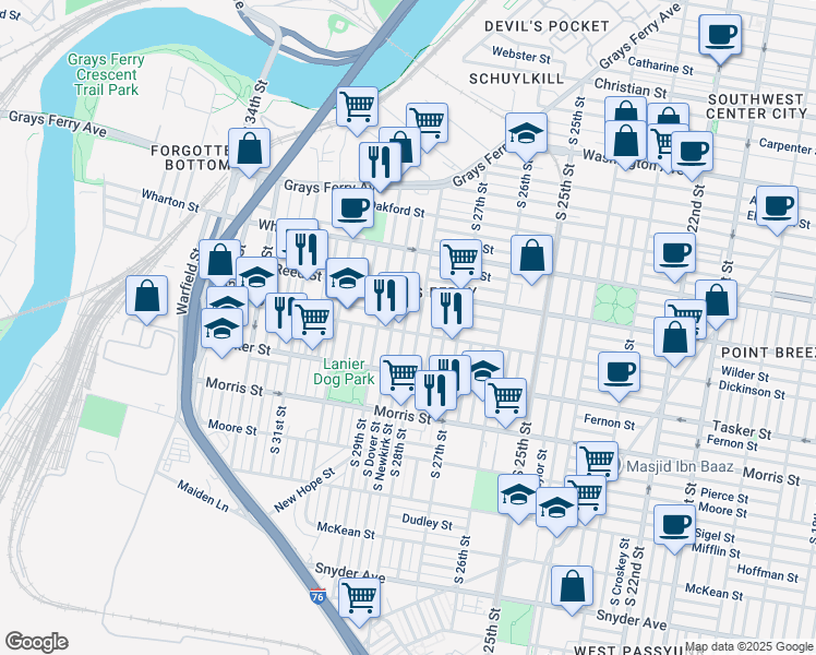 map of restaurants, bars, coffee shops, grocery stores, and more near 1453 South Newkirk Street in Philadelphia