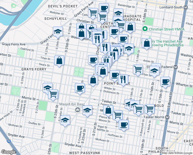 map of restaurants, bars, coffee shops, grocery stores, and more near 2126 Earp Street in Philadelphia