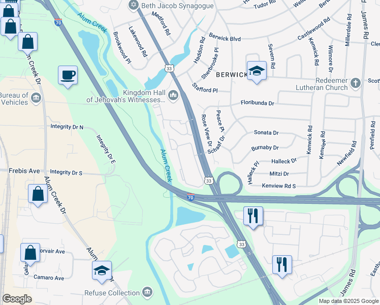 map of restaurants, bars, coffee shops, grocery stores, and more near 1688 Creeksedge Drive in Columbus