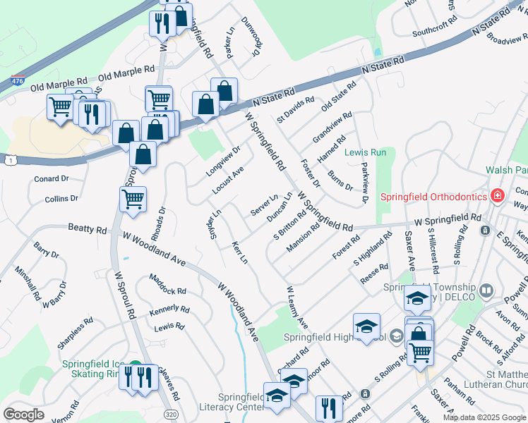map of restaurants, bars, coffee shops, grocery stores, and more near 45 Server Lane in Springfield