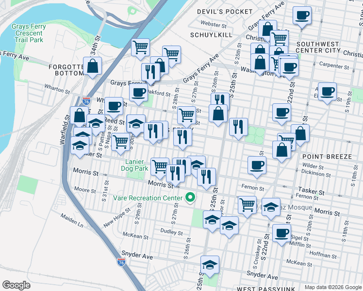 map of restaurants, bars, coffee shops, grocery stores, and more near 2641 Dickinson Street in Philadelphia