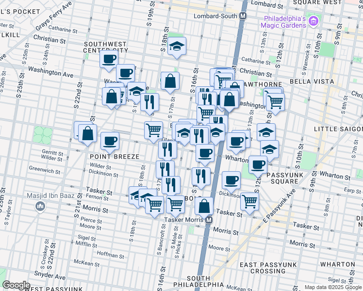 map of restaurants, bars, coffee shops, grocery stores, and more near 1248 South 16th Street in Philadelphia