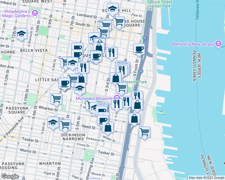 map of restaurants, bars, coffee shops, grocery stores, and more near 206 Carpenter Street in Philadelphia