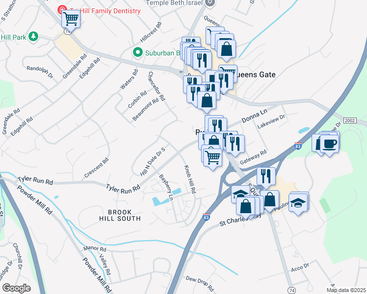 map of restaurants, bars, coffee shops, grocery stores, and more near 410 Tyler Run Road in York
