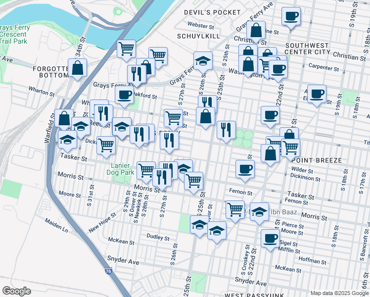 map of restaurants, bars, coffee shops, grocery stores, and more near 2619 Wilder Street in Philadelphia