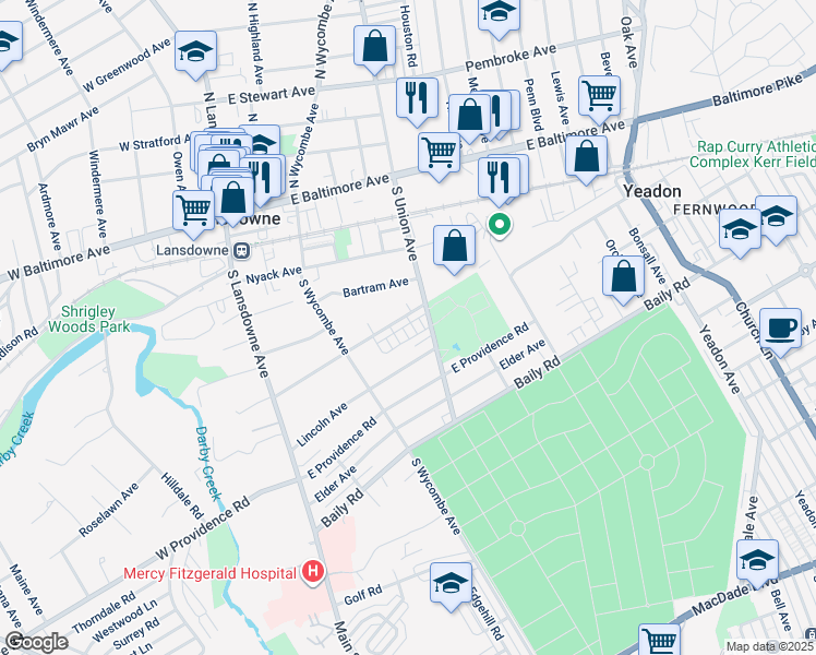 map of restaurants, bars, coffee shops, grocery stores, and more near 402 Hazel Avenue in Lansdowne