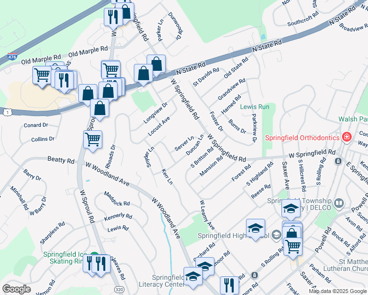 map of restaurants, bars, coffee shops, grocery stores, and more near 45 Server Lane in Springfield