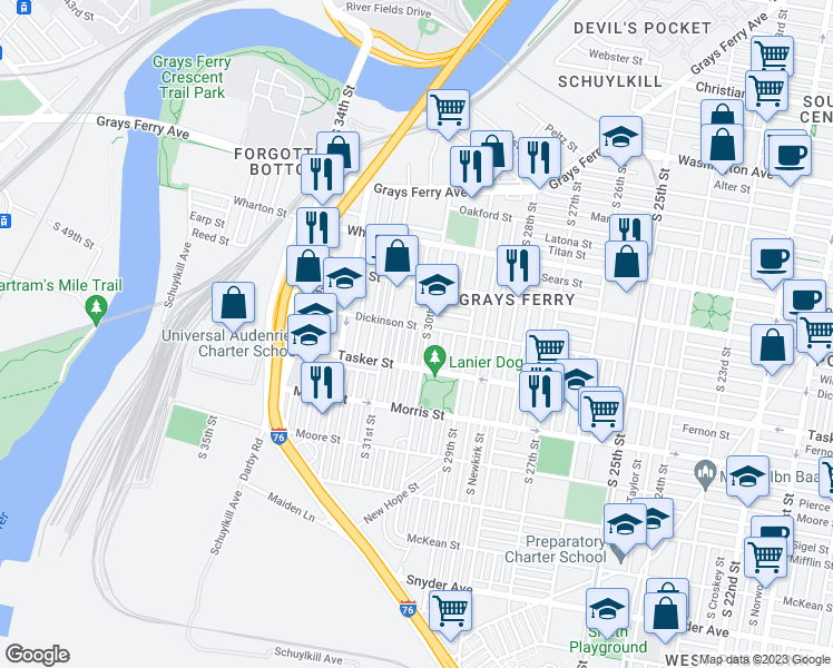 map of restaurants, bars, coffee shops, grocery stores, and more near 1507 South Corlies Street in Philadelphia