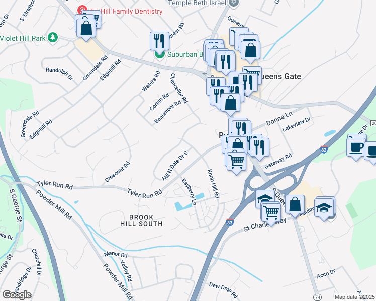 map of restaurants, bars, coffee shops, grocery stores, and more near 390 Hill N Dale Drive South in York