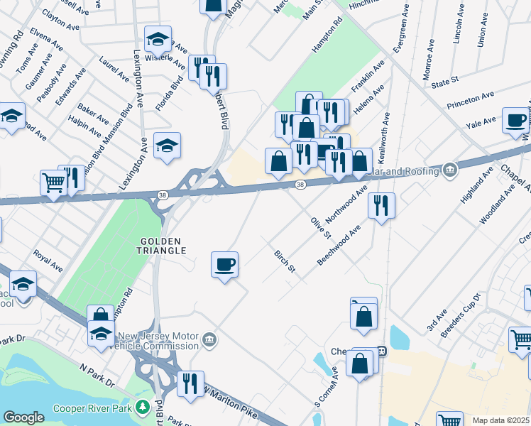 map of restaurants, bars, coffee shops, grocery stores, and more near 535 Route 38 in Cherry Hill