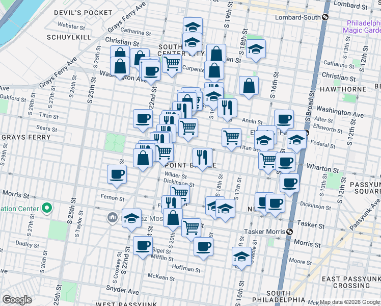 map of restaurants, bars, coffee shops, grocery stores, and more near in Philadelphia