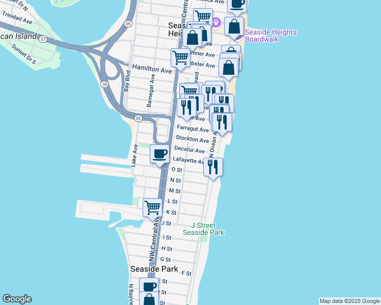 map of restaurants, bars, coffee shops, grocery stores, and more near in Seaside Park