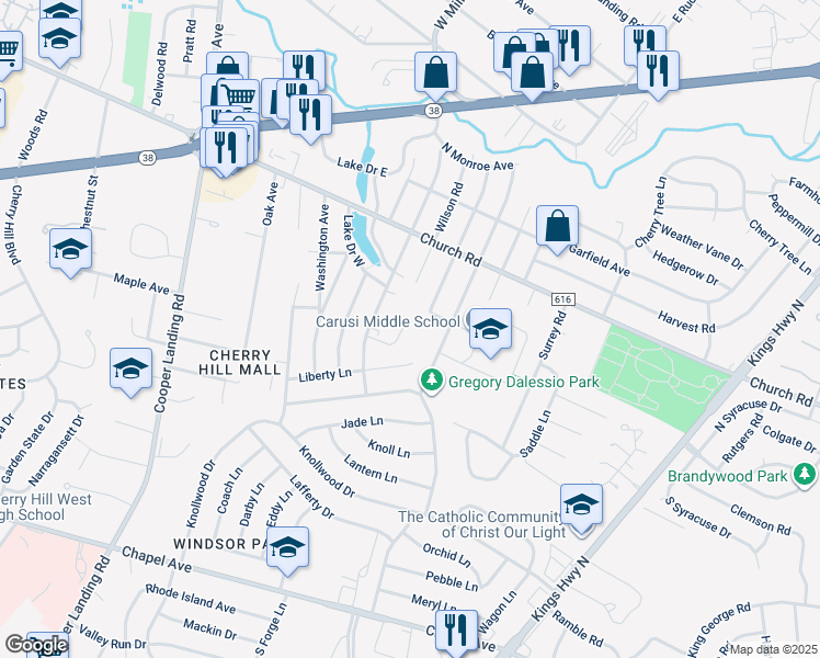 map of restaurants, bars, coffee shops, grocery stores, and more near 22 Christian Lane in Cherry Hill Township