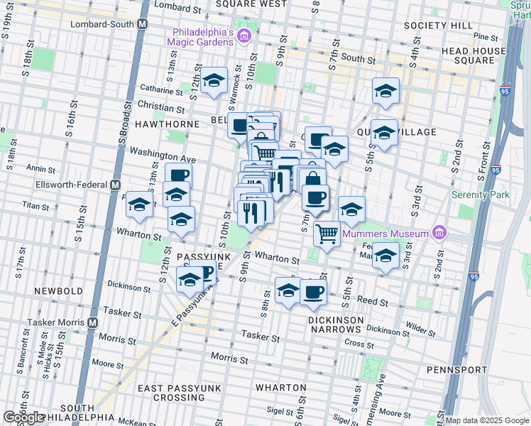 map of restaurants, bars, coffee shops, grocery stores, and more near 826 Ellsworth Street in Philadelphia