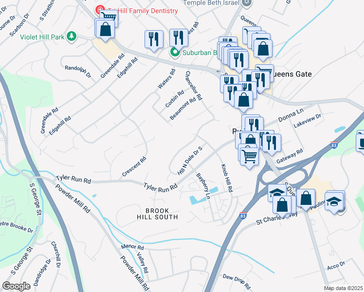 map of restaurants, bars, coffee shops, grocery stores, and more near 378 Hill N Dale Drive North in York