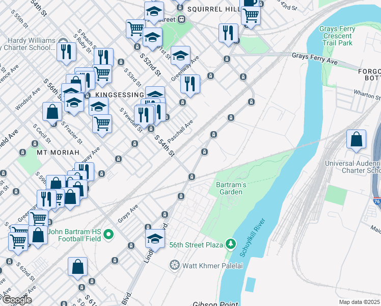 map of restaurants, bars, coffee shops, grocery stores, and more near 5321 Grays Avenue in Philadelphia