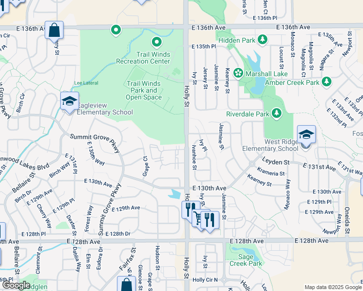 map of restaurants, bars, coffee shops, grocery stores, and more near 13295 Holly Street in Thornton