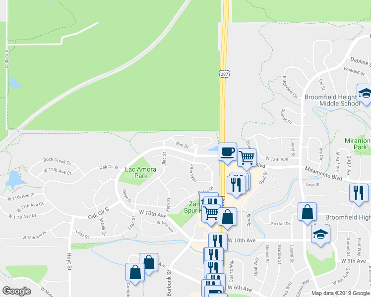 map of restaurants, bars, coffee shops, grocery stores, and more near 2491 Ridge Drive in Broomfield