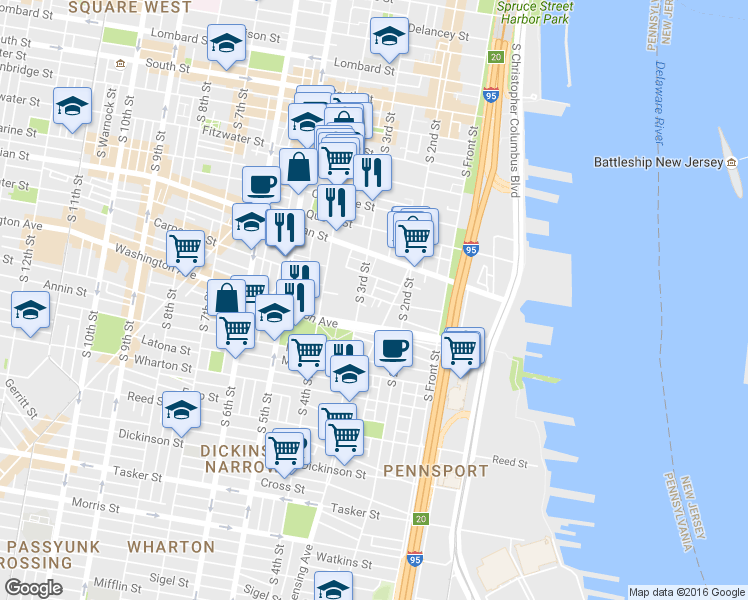 map of restaurants, bars, coffee shops, grocery stores, and more near 1009 South 3rd Street in Philadelphia