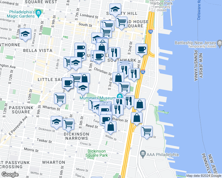 map of restaurants, bars, coffee shops, grocery stores, and more near 1009 South 3rd Street in Philadelphia
