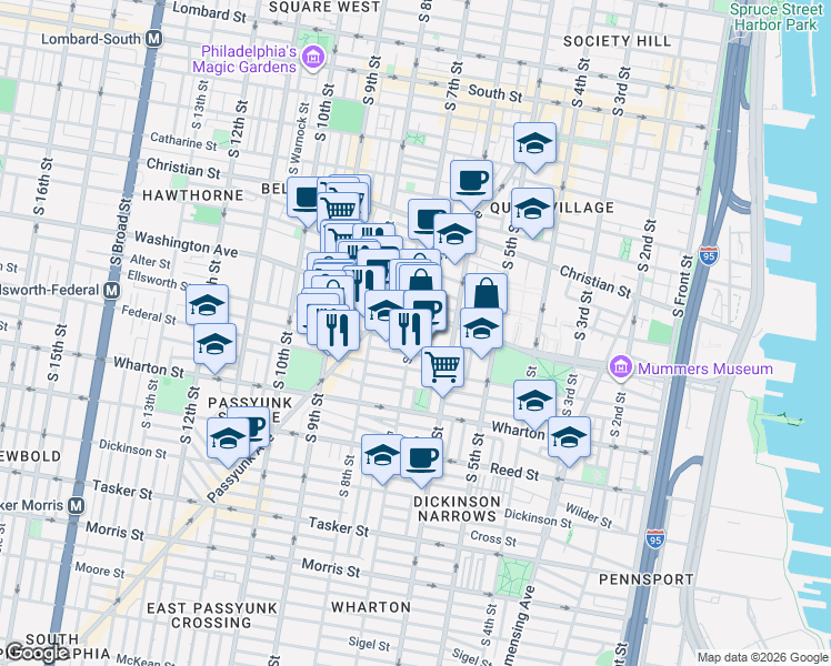 map of restaurants, bars, coffee shops, grocery stores, and more near 709 Annin Street in Philadelphia