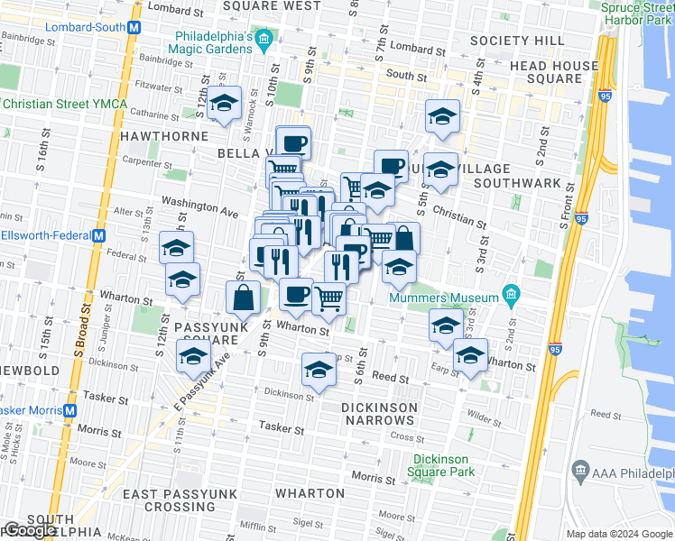 map of restaurants, bars, coffee shops, grocery stores, and more near 709 Annin Street in Philadelphia