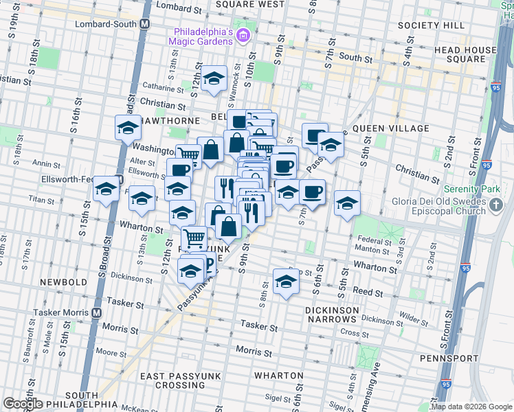 map of restaurants, bars, coffee shops, grocery stores, and more near 1166 South 9th Street in Philadelphia