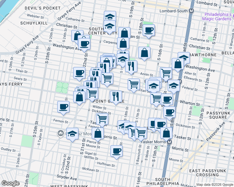 map of restaurants, bars, coffee shops, grocery stores, and more near 1325 South 19th Street in Philadelphia