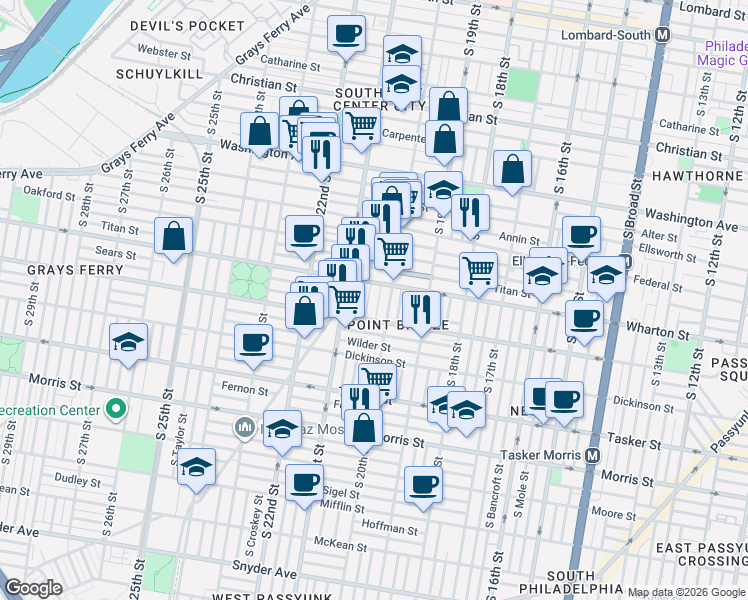 map of restaurants, bars, coffee shops, grocery stores, and more near 2031 Reed Street in Philadelphia