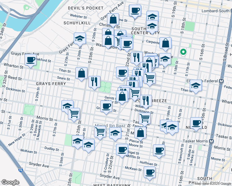 map of restaurants, bars, coffee shops, grocery stores, and more near 2216 Reed Street in Philadelphia