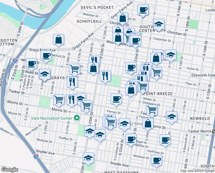 map of restaurants, bars, coffee shops, grocery stores, and more near 1422 South 24th Street in Philadelphia
