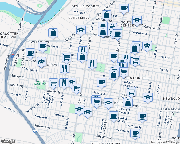 map of restaurants, bars, coffee shops, grocery stores, and more near 1422 South 24th Street in Philadelphia