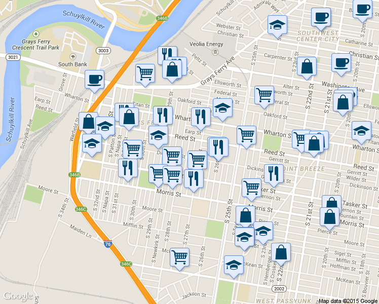 map of restaurants, bars, coffee shops, grocery stores, and more near 1500 South Marston Street in Philadelphia