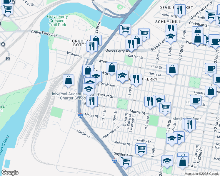 map of restaurants, bars, coffee shops, grocery stores, and more near 1526 South Corlies Street in Philadelphia